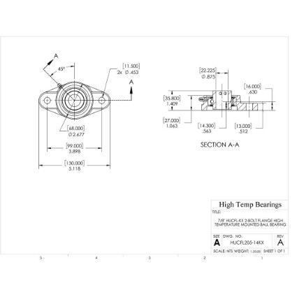 Picture of 7/8" High Temperature 500 °F Mounted 2 Bolt Flange Bearing