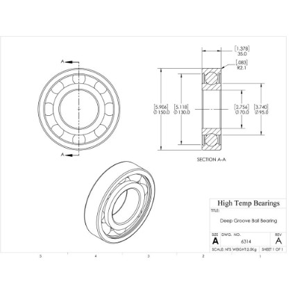 Picture of 70mm 6314 Deep Groove Open Ball Bearing