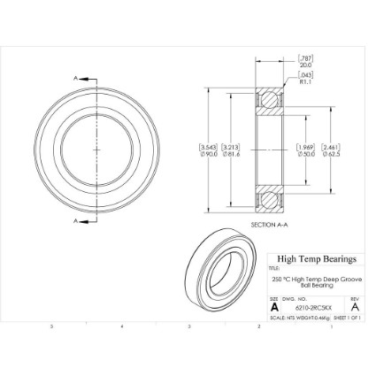 Picture of 50mm 6210 High Temperature 250 °C Sealed C5 Bearing