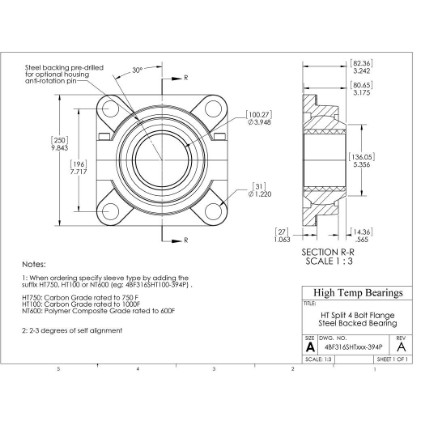 Picture of 3-15/16" Split 4 Bolt Flange Mounted 750 °F Carbon Bearing