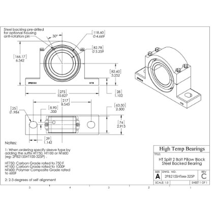 Picture of 3-1/4" Split Pillow Block Mounted 750 °F Carbon Bearing