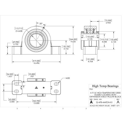 Picture of 4-7/16" High Temperature S2000 Double Locking Non-Expansion 4 Bolt Pillow Block Heavy Duty Bearing