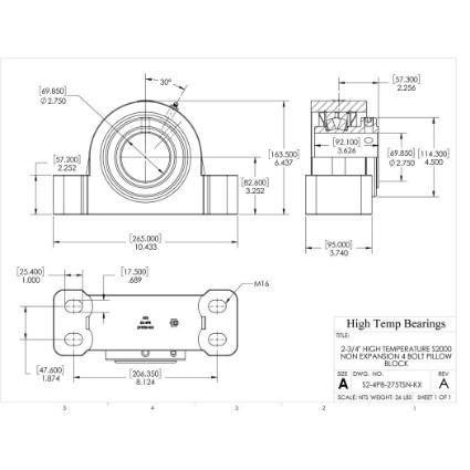 Picture of 2-3/4" High Temperature S2000 Non Expansion 4 Bolt Pillow Block Heavy Duty Bearing