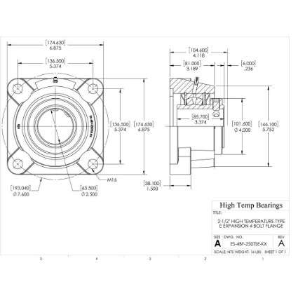 Picture of 2-1/2" High Temperature Type E Expansion 4 Bolt Flange Heavy Duty Bearing