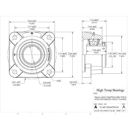 Picture of 90mm High Temperature Type E Non Expansion 4 Bolt Flange Heavy Duty Bearing