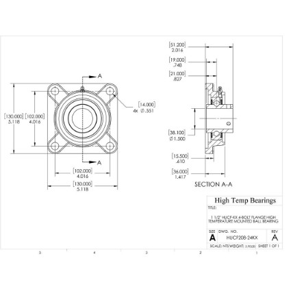 Picture of 1-1/2" High Temperature 500 °F Mounted 4 Bolt Flange Bearing