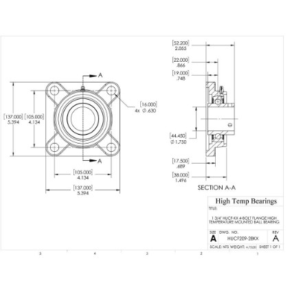 Picture of 1-3/4" High Temperature 500 °F Mounted 4 Bolt Flange Bearing