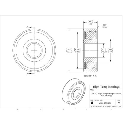 Picture of 12mm 6301 High Temperature 250 °C Shielded ZZ C4 Bearing